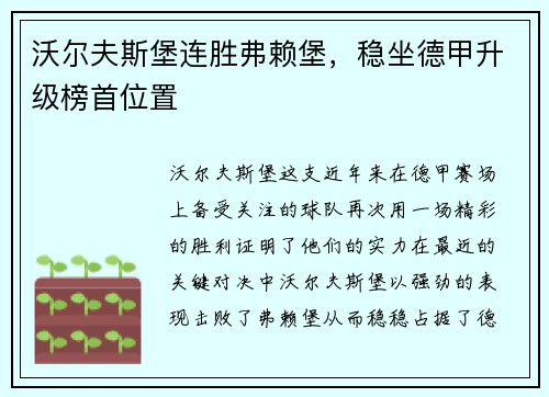 沃尔夫斯堡连胜弗赖堡，稳坐德甲升级榜首位置